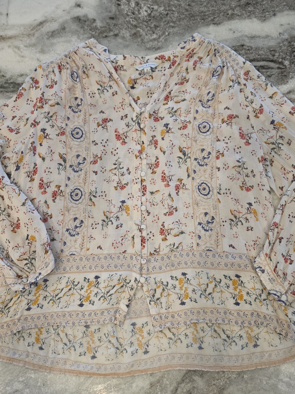 Lucky Brand Cream Floral Button-Front Blouse with Blue and Yellow Accents